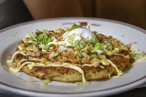 Scallion pancake with sour cream aioli at a restaurant photo