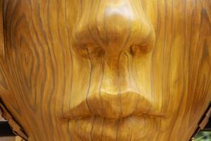Closeup of a wooden face of a sculpture at a park photo