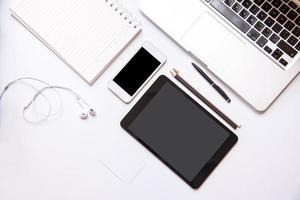 Top view of  white office desk table. photo