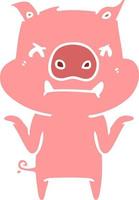 angry flat color style cartoon pig shrugging shoulders vector