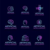 establecer plantilla de ilustración de logotipo de icono de inteligencia artificial, rostro humano de tecnología futura, cabeza y cerebro. red de circuitos electrónicos y diseño de vectores de comunicación.