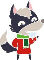 flat color style cartoon hungry wolf in winter clothes vector