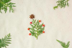 Christmas tree made of thuja branches and decorations star of anise and ashberry on rustic background. photo