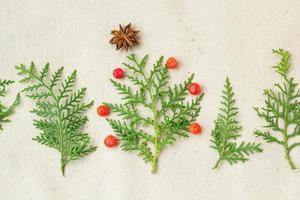 árbol de navidad hecho de ramas de thuja y decoraciones estrella de anís y ashberry sobre fondo rústico. foto