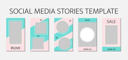 Social media stories template. Set of 5 layout for story for bloggers and SMM. Mint green and pink color palette. Easy to edit web banners for mobile application. vector