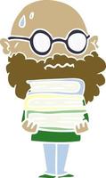 flat color style cartoon worried man with beard and stack of books vector