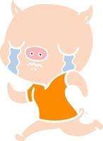 flat color style cartoon pig crying running away vector