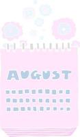 flat color illustration of a cartoon calendar showing month of august vector