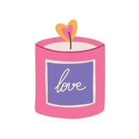 Hand drawn burning candle glass jar with love lettering, flat vector illustration isolated on white background. Trendy and colorful candle with fire in shape of heart. Valentines Day and romance.