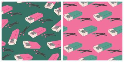 Trendy matchbox seamless patterns set, flat vector illustration. Colorful green and pink background. Matchsticks wallpaper. Concept of smoke, aromatherapy, spa and wellness.
