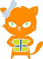 cute flat color style cartoon cat with present vector