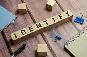 identify word on wooden background and office supplies photo