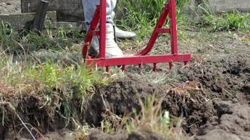 un contadino in jeans scava il terreno con una pala rossa a forma di forchetta. una pala miracolosa, uno strumento utile. coltivatore manuale. il coltivatore è uno strumento manuale efficiente per la lavorazione del terreno. allentare il letto. video