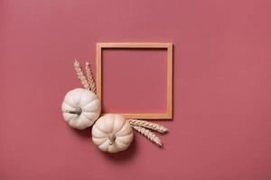 Decorative pumpkins and wooden frame for text, autumn themed blank top view, flat lay photo