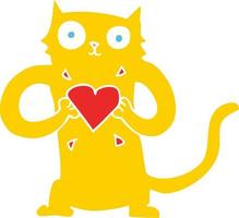 ilustración de color plano de un gato de dibujos animados con corazón de amor vector