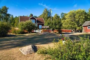 Swedish red and white traditional house in Smalland, White fence green garden blue sky photo