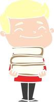 happy flat color style cartoon man with stack of books vector