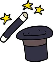 cartoon doodle magicians hat and wand vector