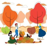 People on autumn harvesting. girls  with a cat picking agriculture fall harvest from pumpkins garden, group people on ladder pick season vector illustration.