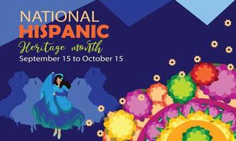 Hispanic heritage month. Vector web banner, poster, and card for social media and networks. Greeting with national Hispanic heritage month text, woman dancer, flower, with background.