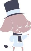 elefante sonriente de dibujos animados de estilo de color plano con sombrero de copa vector
