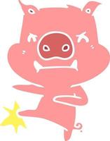 angry flat color style cartoon pig karate kicking vector