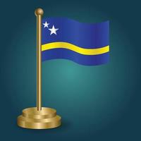 CURACAO national flag on golden pole on gradation isolated dark background. table flag, vector illustration