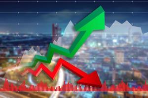 Business candle stick graph chart of stock market investment trading on Cityscape background photo