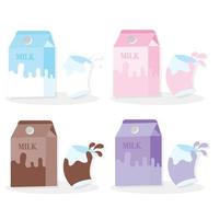 four boxes of fresh milk and four glasses of chocolate, vanilla, strawberry and blueberry flavored milk vector