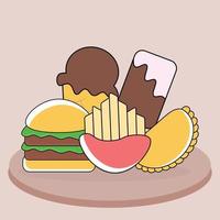 burger, empanadas, fries and two chocolate ice cream vector