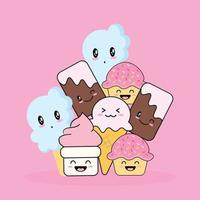 Set of ice cream and cake with doodle style vector