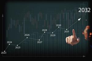 Businesswoman Drawing Add Graph Arrow Organization Future Growth Year 2023 to 2032 New Goals, Plans and Vision for Next Year 2023. photo