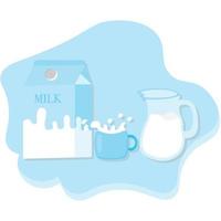 una caja de leche con una taza de leche fresca y una jarra de leche fresca vector