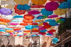 Low angle view of multicolored umbrellas hanging amidst buildings on sunny day photo