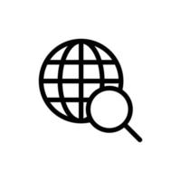 Find website icon with globe and magnifying glass in black outline style vector