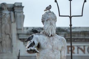 primer plano de pájaros posados en la famosa estatua y fuente de neptuno foto