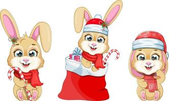 Three cartoon bunnies. Christmas and New Year Collection vector