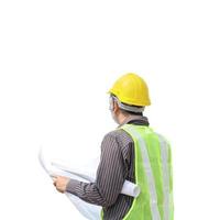 Asian business man construction engineer hold blueprint paper isolated on white background with clipping path photo