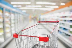 Supermarket aisle blur defocused background with empty red shopping cart photo