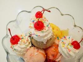 Ice cream scoops with whipped cream and cherry photo
