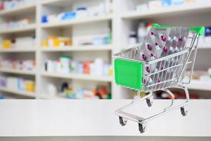 medicine pills capsule in shopping cart on pharmacy store counter with blur drugstore shelves defocused background photo