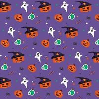 todas las calabazas de halloween de brujas y la ilustración de elementos de brujas en el patrón sin costuras de fondo púrpura en el vector. fondo de halloween vector