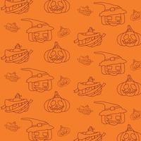 Halloween pumpkin black thin line illustration on orange background seamless pattern in vector. Halloween background. vector