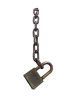 An old rusty padlock closed on a massive chain on white background photo
