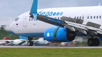 KAZAN, RUSSIAN FEDERATION SEPTEMBER 14, 2020 - Pobeda Airlines Boeing 737 VP BPS braking after landing at Kazan International airport video