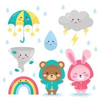 lindo clima de dibujos animados en estilo dibujado a mano. oso y conejo en día lluvioso. vector