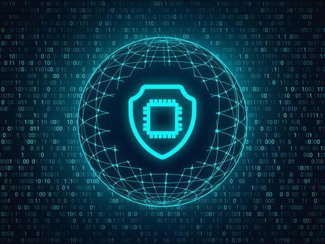 Web shield icon on the background of the visualization of the computer world. photo