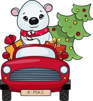 oso polar monta en un coche rojo con regalos y un árbol de navidad vector