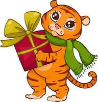 lindo tigre pequeño en una bufanda verde con una caja de regalo. ilustración de año nuevo vector