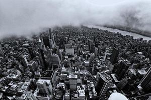 old style new york manhattan cityscape aerial view on foggy day photo